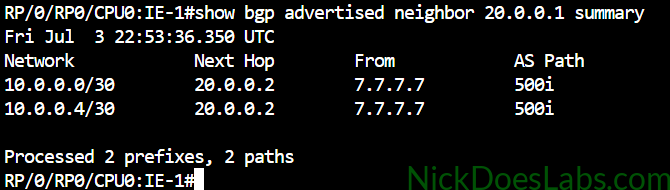 show bgp advertised neighbor summary with route filtering