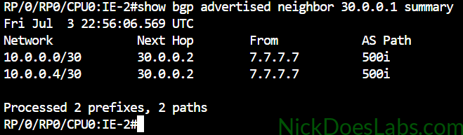 show bgp advertised neighbor summary with route filtering