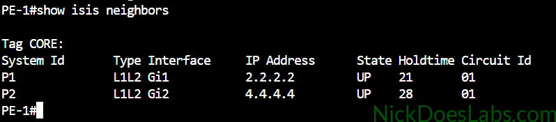 show isis neighbors on PE-1, IOS XE