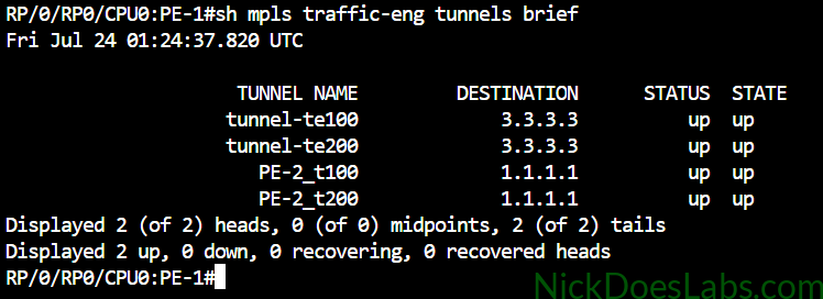 IOS XR show mpls traffic-eng tunnels brief output confirming four RSVP-TE tunnels are established