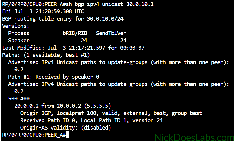 Peer_A BGP table with no route filtering