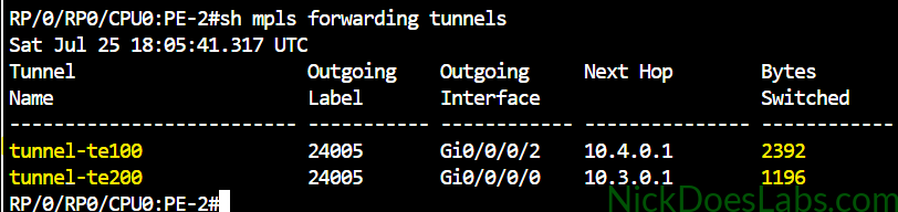 IOS XR MPLS forwarding table showing RSVP-TE tunnel 100 and tunnel 200 on PE-2