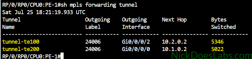 IOS XR MPLS forwarding counters showing increased bytes on RSVP-TE tunnels after traceroute traffic