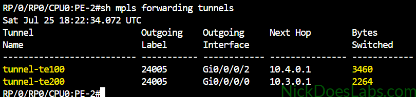 IOS XR MPLS forwarding counters showing increased bytes on RSVP-TE tunnels after traceroute traffic