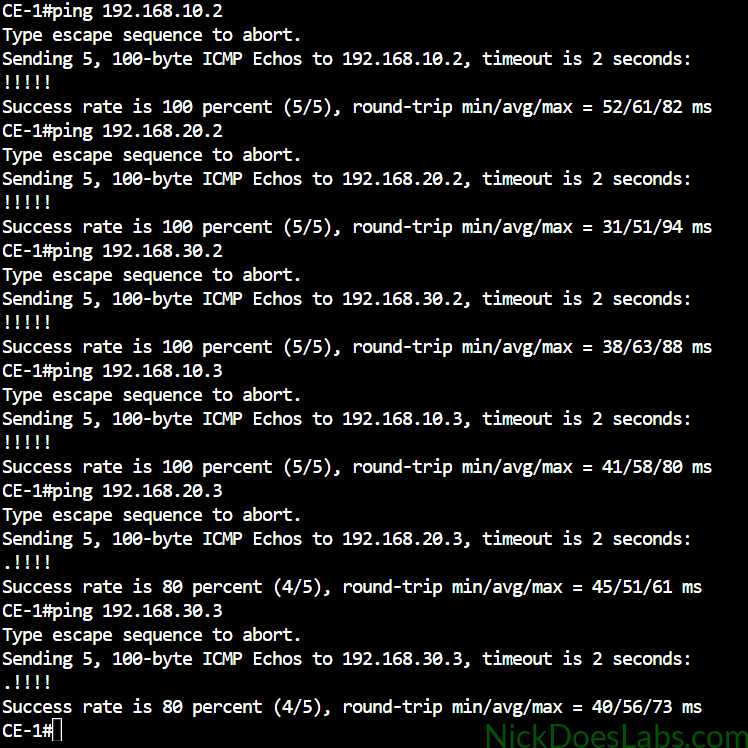 CE-1 successfully pinging the VLAN 10, VLAN 20, and VLAN 30 SVIs on CE-2 and CE-3